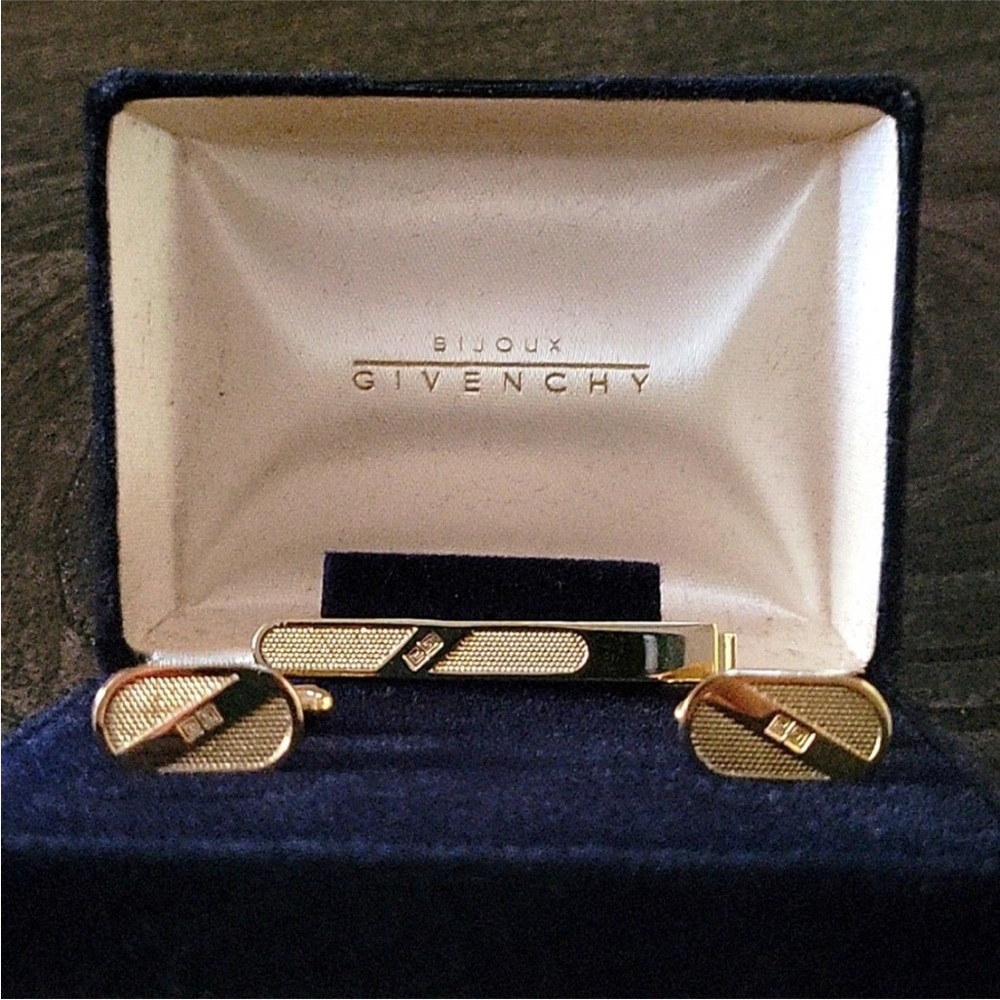 Givenchy Gold Cufflinks and Tie Clip Set